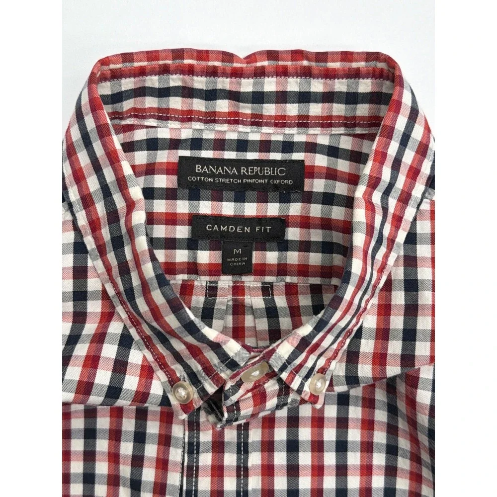 Banana Republic Mens Camden Fit Red Navy Gingham‎ Cotton Stretch Oxford Shirt M